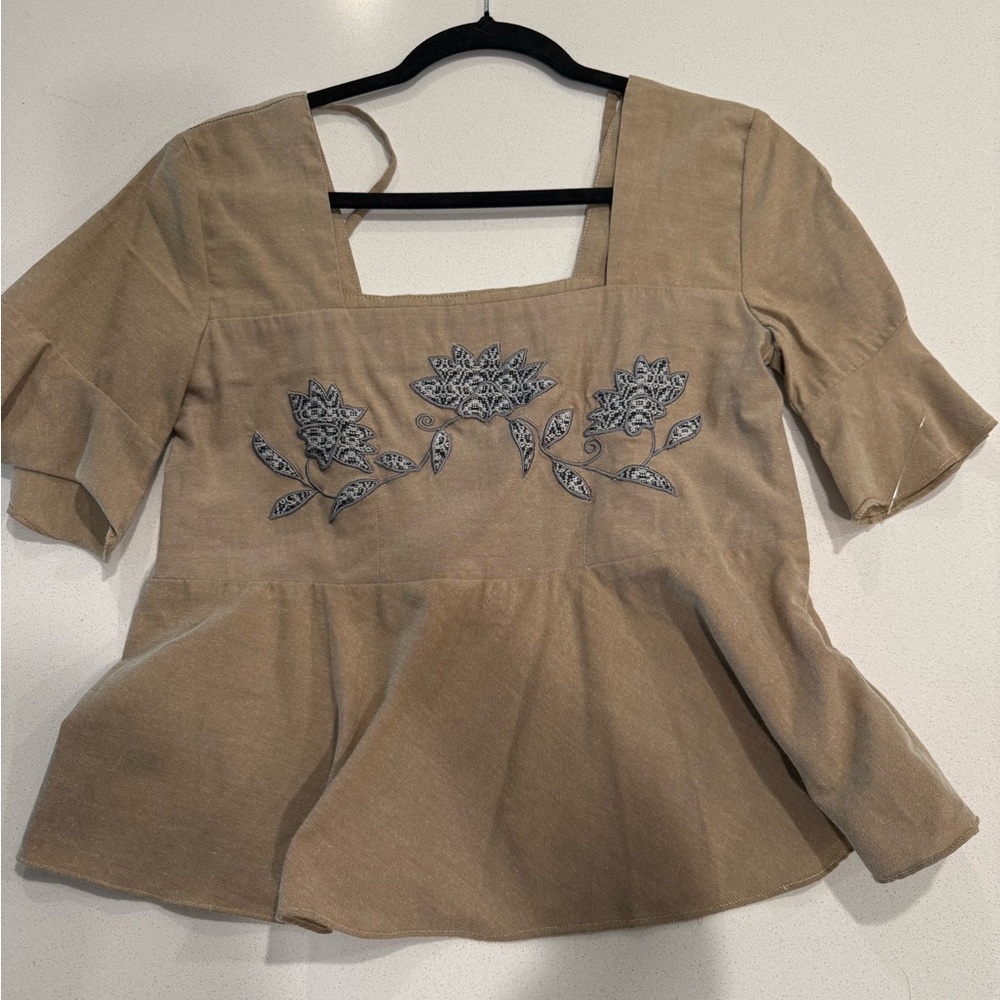 Vintage Tan Embroidered Women's Top